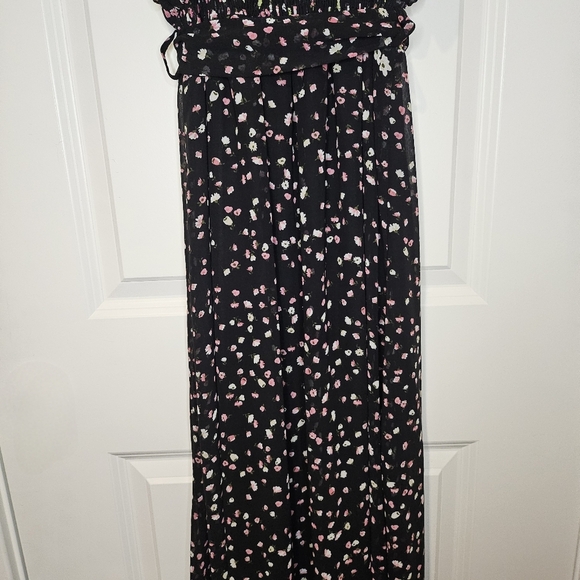 Floral Black Spaghetti Strap Ruffle Top Belted Stretch Waist Maxi Dress Size M - Picture 7 of 14